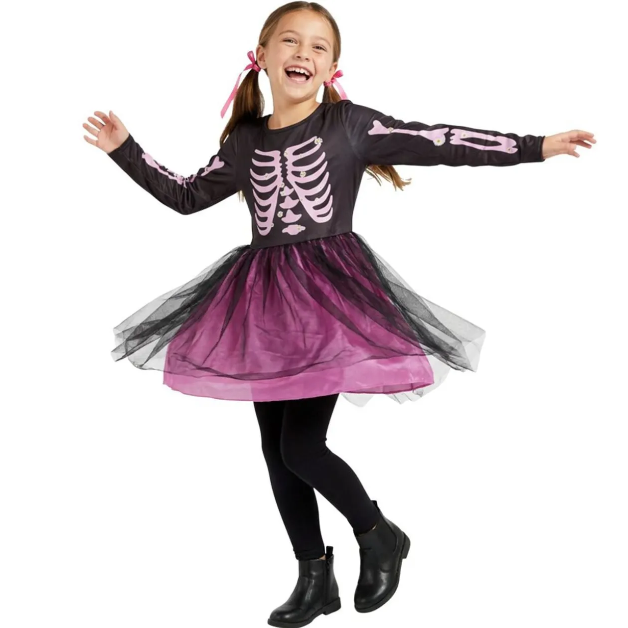 Déguisement Halloween enfant fille robe squelette polyester rose et noir 4/6ans