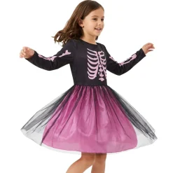 Déguisement Halloween enfant fille robe squelette polyester rose et noir 4/6ans