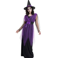 Déguisement Halloween femme robe sorcière avec chapeau noir et violet taille S