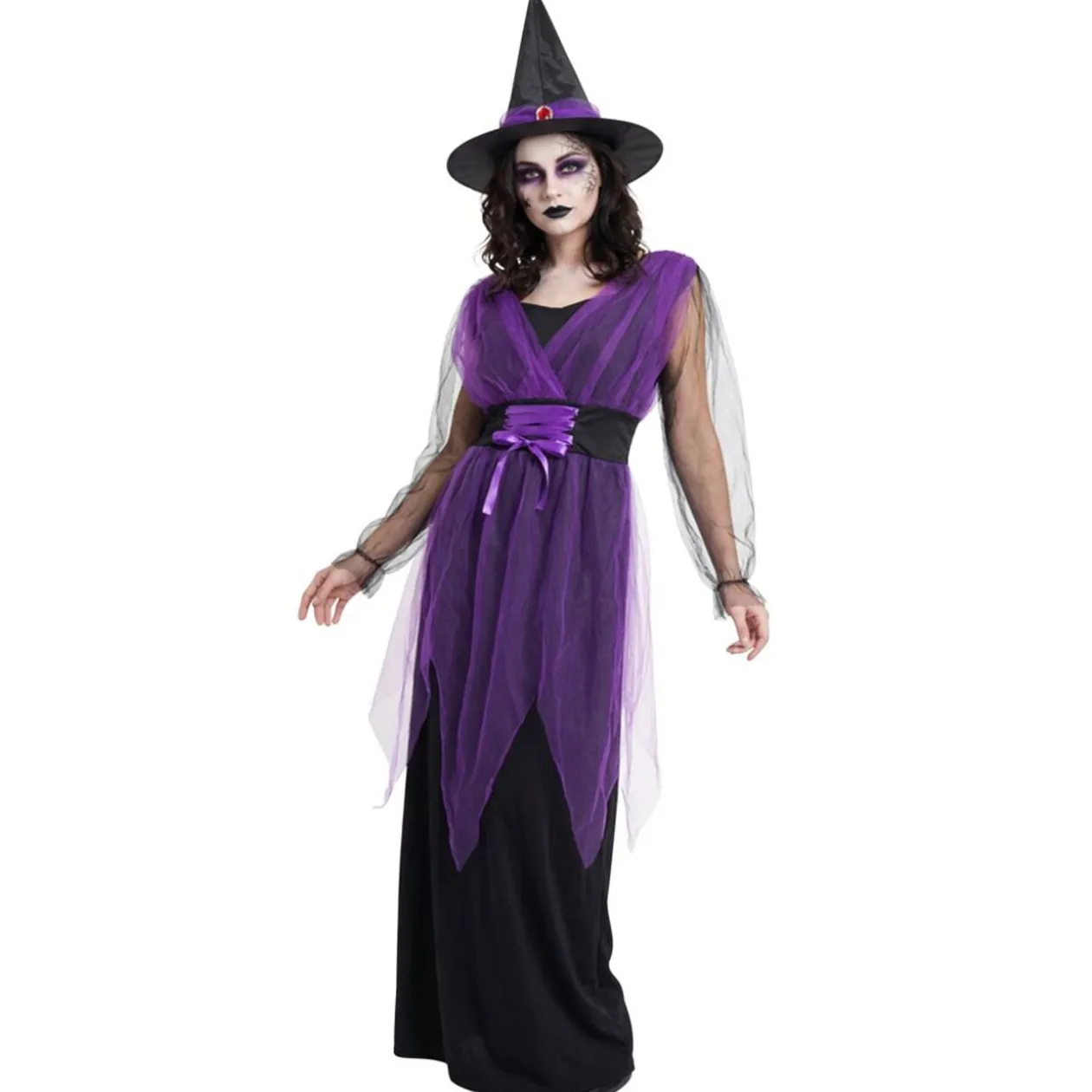 Déguisement Halloween femme robe sorcière avec chapeau noir et violet taille S