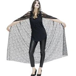 Déguisement Halloween femme Spirit cape dentelle tête de mort noir L150cm