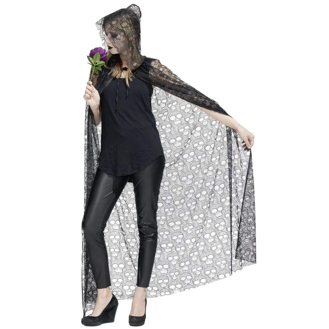 Déguisement Halloween femme Spirit cape dentelle tête de mort noir L150cm