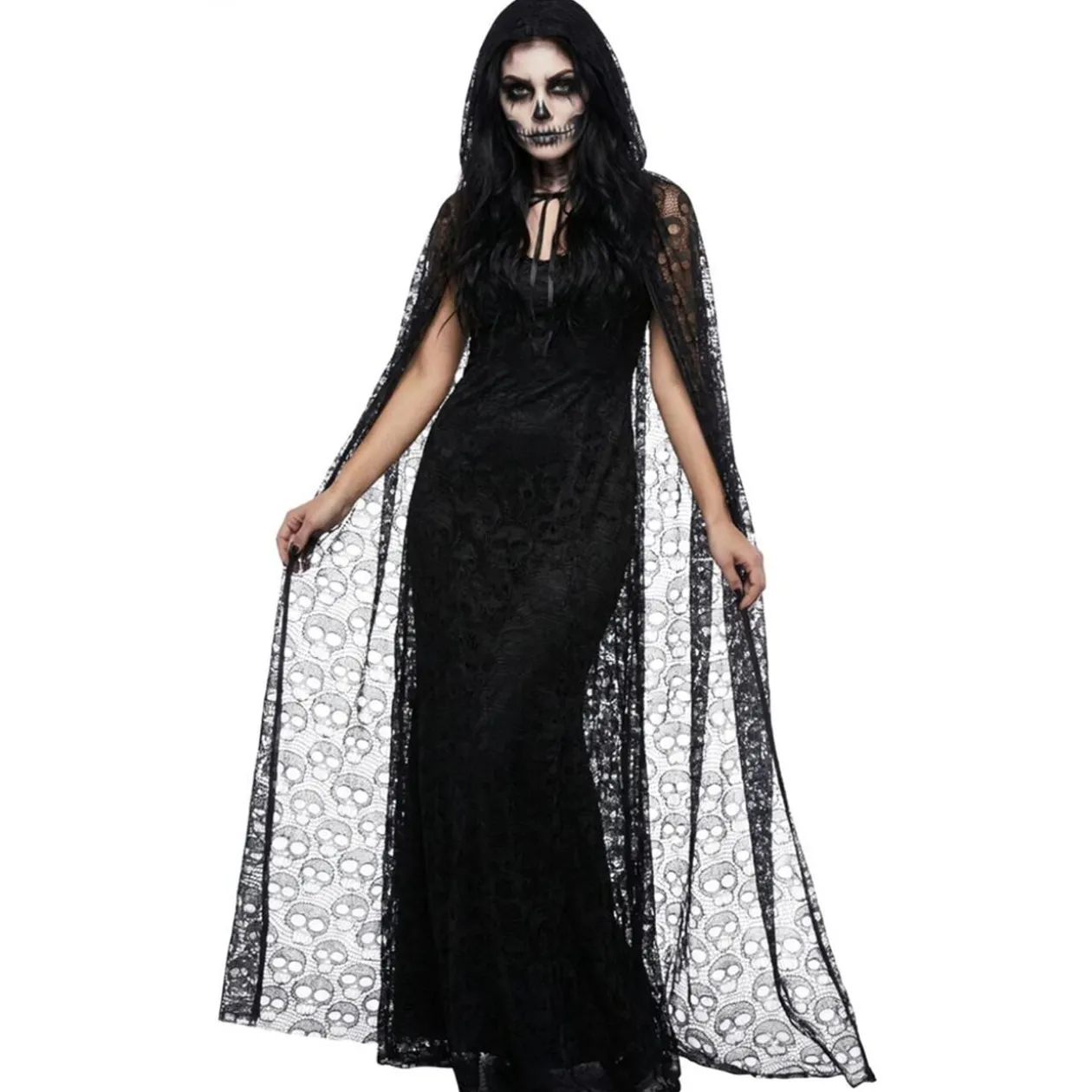 Déguisement Halloween femme Spirit cape dentelle tête de mort noir L150cm