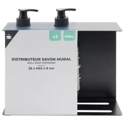 Distributeur de savon mural métal avec 2 flacons plastique 500ml noir 25x9xH22cm < Gifi Best