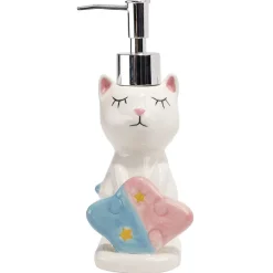 Distributeur à savon forme chat avec porte éponge grès blanc rose bleu