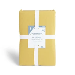 Drap housse 90x190cm 100% coton jaune moutarde