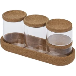 Ensemble bocal en verre x4 avec support en liège 26x10xH8cm