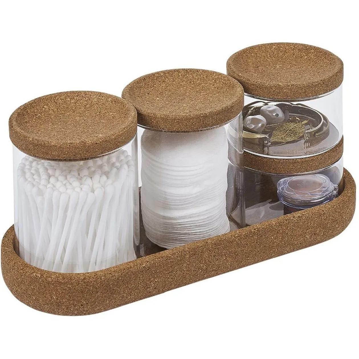 Ensemble bocal en verre x4 avec support en liège 26x10xH8cm