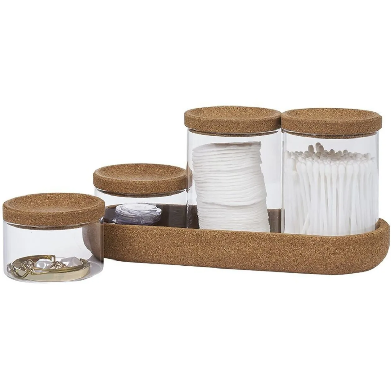 Ensemble bocal en verre x4 avec support en liège 26x10xH8cm