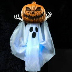 Fantôme Halloween animé à suspendre masque citrouille son et lumière 43x24xH60cm