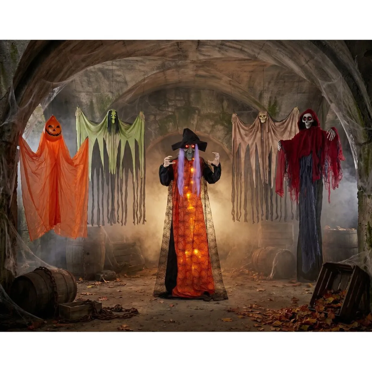 Fantôme Halloween à suspendre son et lumière tissu rouge et noir 98x12xH165cm