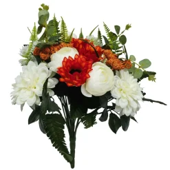Fleur artificielle piquet dalhia/camélia/eucalyptus blanc et orange 23 têtes