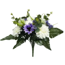 Fleur artificielle piquet dalhia/camélia/eucalyptus blanc et violet 23 têtes