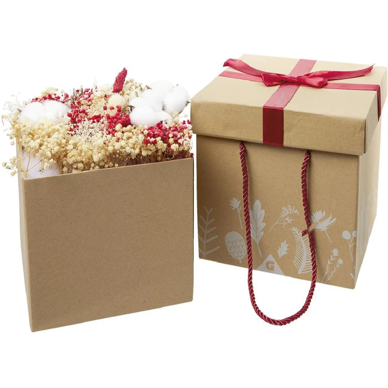 Fleur séchées dans boîte cadeau carrée