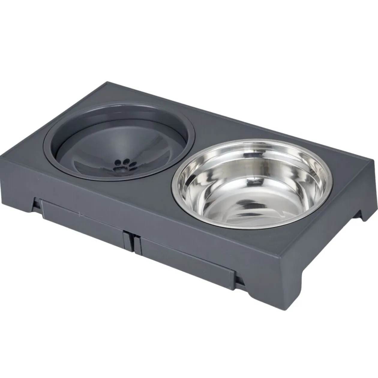 Gamelle double 4 positions inox gris et support plastique noir L42.5cm