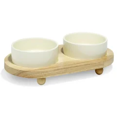 Gamelle double pour chien en dolomite avec socle en bambou