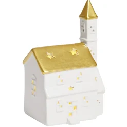 Église lumineuse déco Noël 1LED céramique blanc et doré H19cm < Gifi