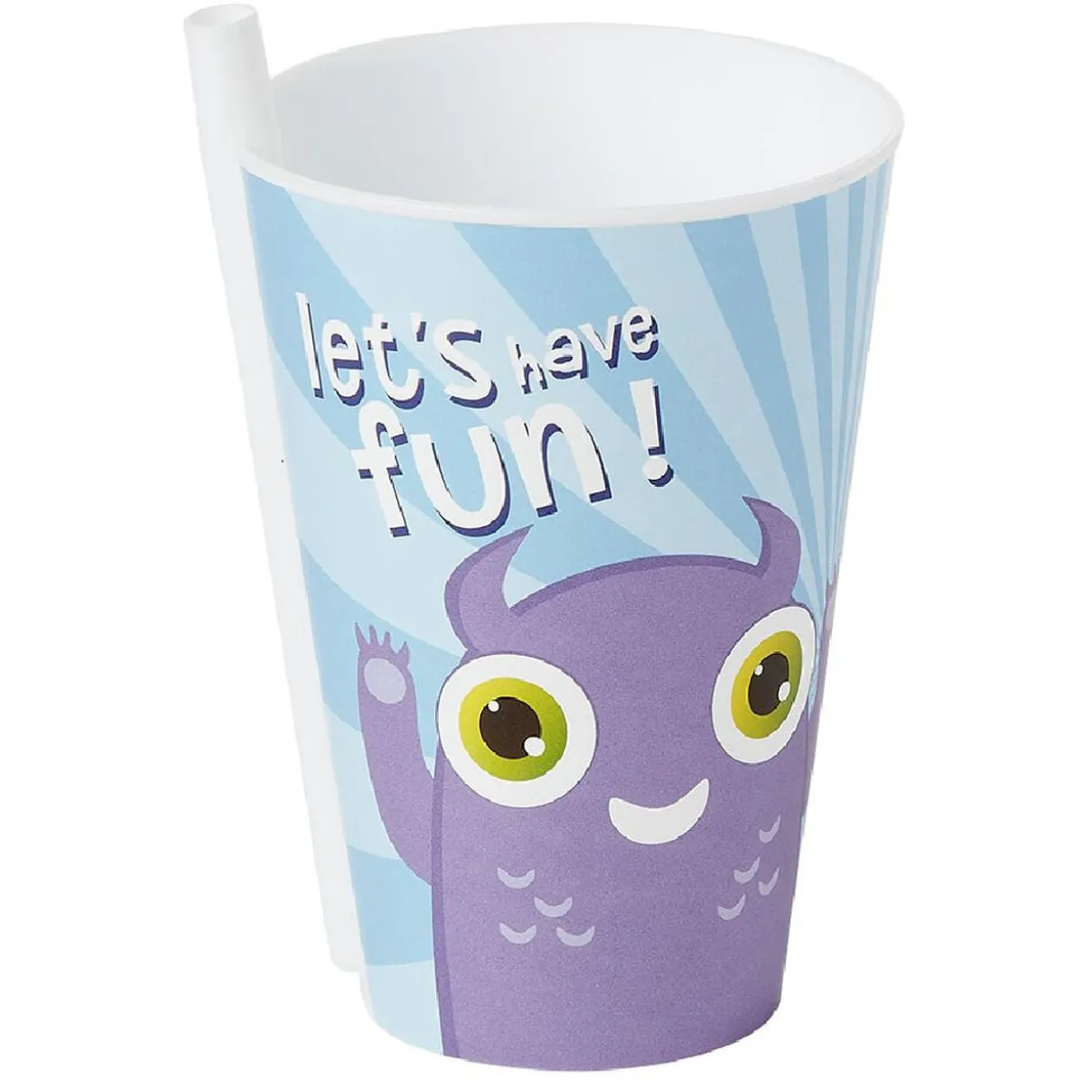 Gobelet avec paille intégrée bleu motif monstre violet Ø9xH13,5cm