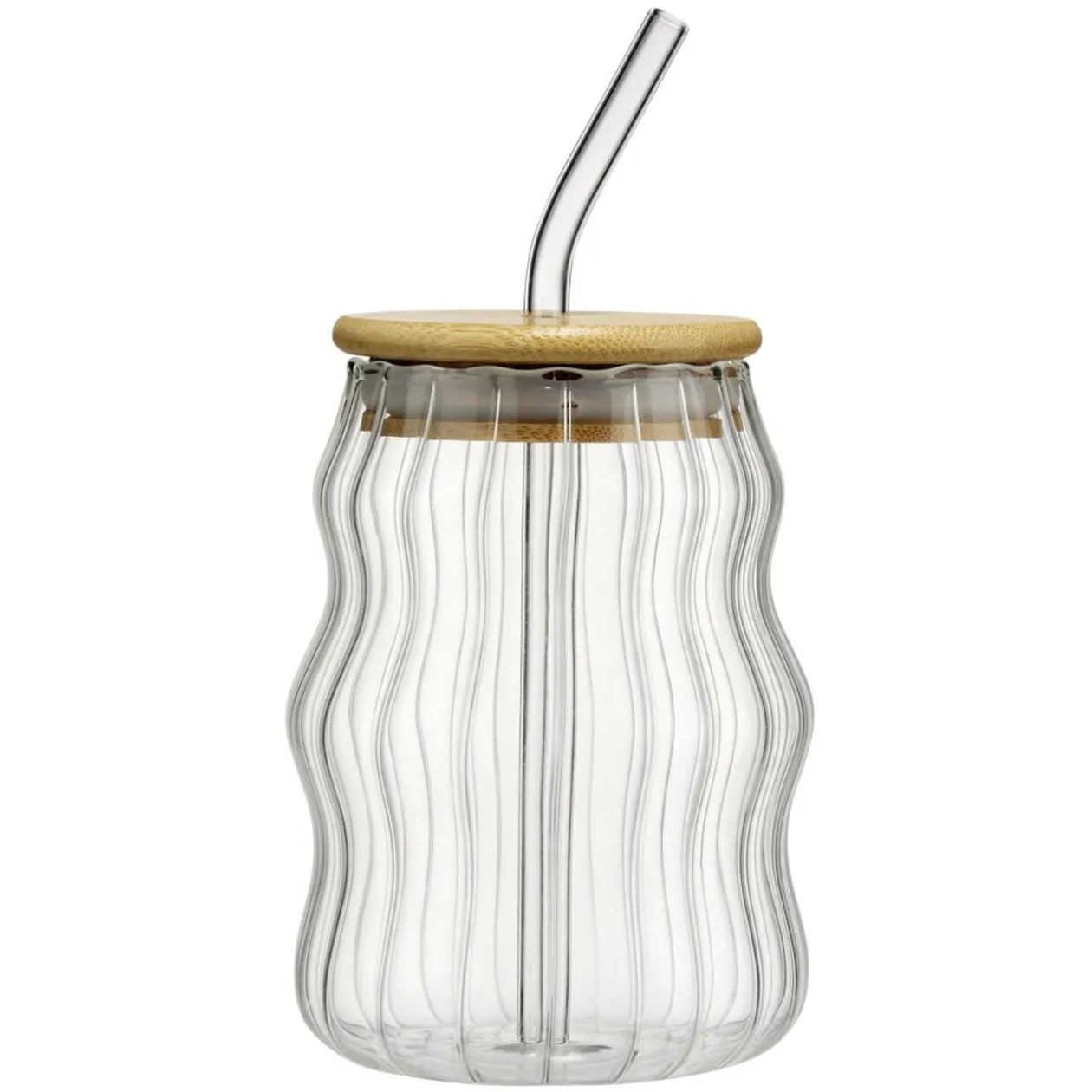 Gobelet en verre 54cl effet vague avec paille et couvercle bambou Ø9xH13cm
