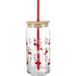 Gobelet en verre motif cerise avec paille et couvercle bambou 600ml < Gifi Hot