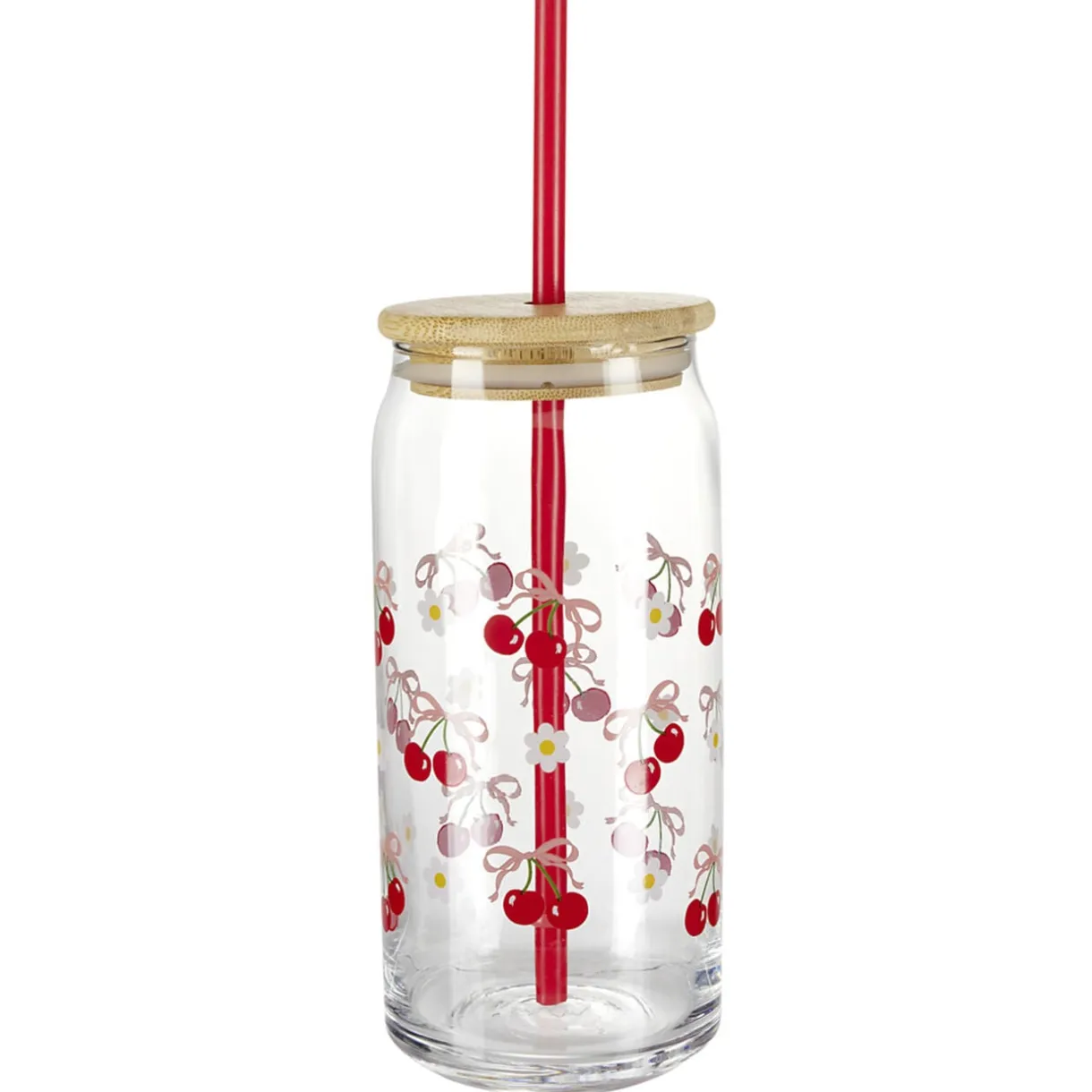 Gobelet en verre motif cerise avec paille et couvercle bambou 600ml < Gifi Hot