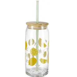 Gobelet en verre motif citron avec paille et couvercle bambou 600ml