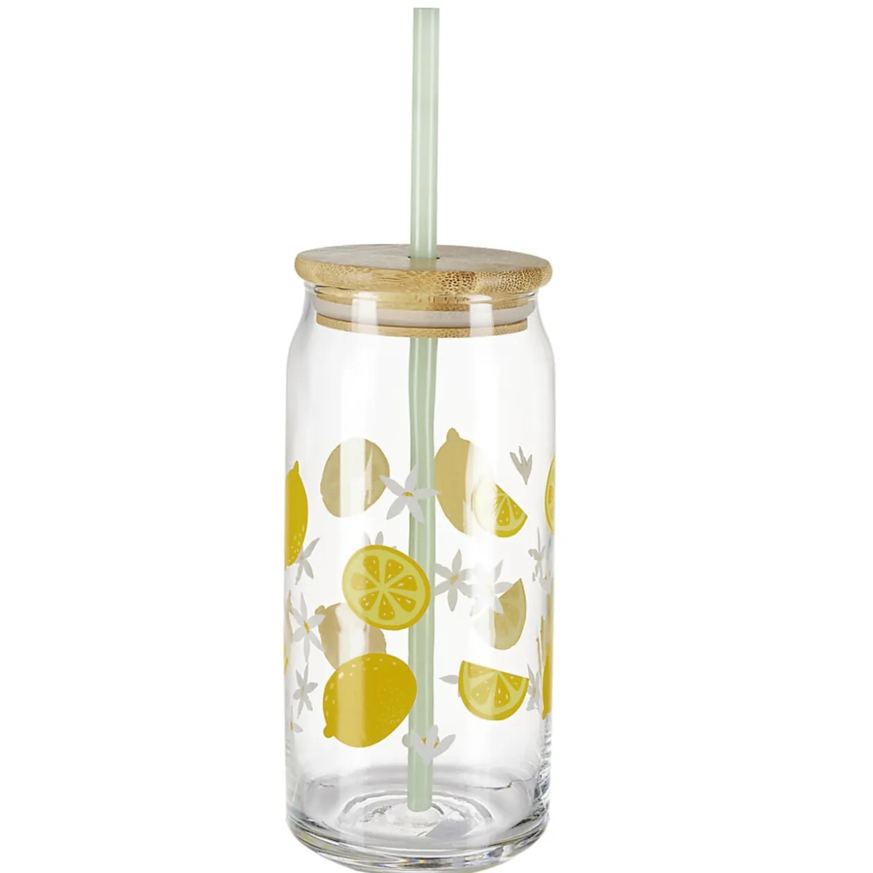 Gobelet en verre motif citron avec paille et couvercle bambou 600ml