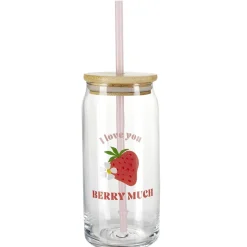Gobelet en verre motif fraise avec paille et couvercle bambou 600ml