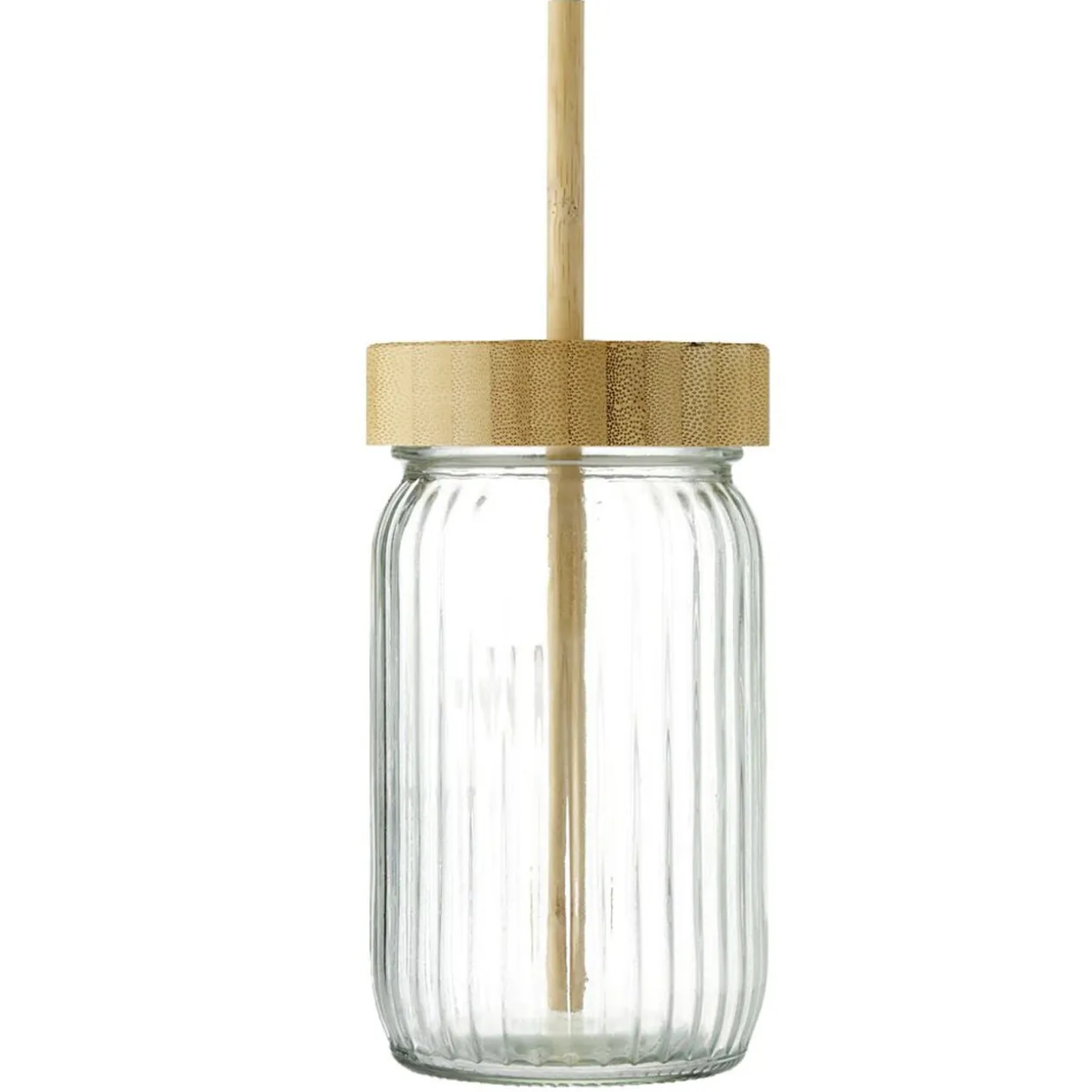Gobelet en verre strié avec paille et bouchon en bambou Ø8cm H14,5cm