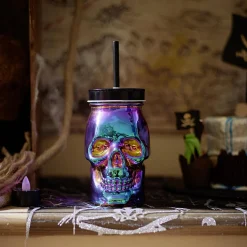 Gobelet verre forme tête de mort couvercle et paille 500 ml