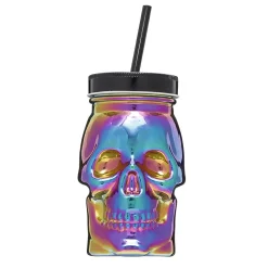 Gobelet verre forme tête de mort couvercle et paille 500 ml