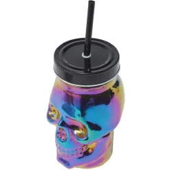 Gobelet verre forme tête de mort couvercle et paille 500 ml