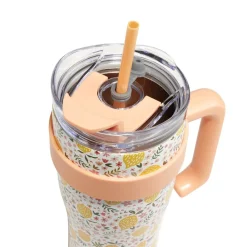 Gourde mug 900ml inox et plastique motif citrons avec paille