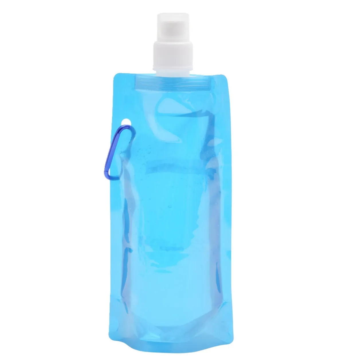 Gourde souple de voyage 480ml en plastique bleu avec mousqueton 12x26cm