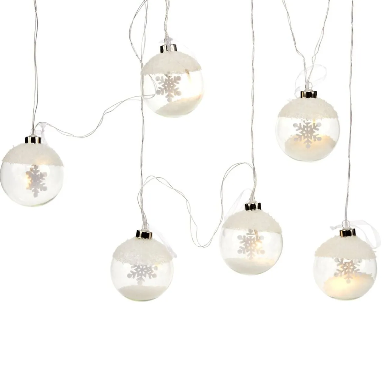 Guirlande de Noël 6 boules en verre motif flocon de neige blanc 3m
