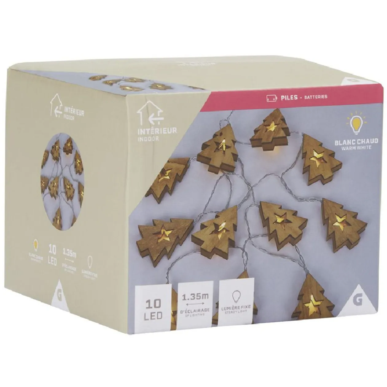 Guirlande électrique sapin en bois 10LED 1,35m d'éclairage blanc chaud