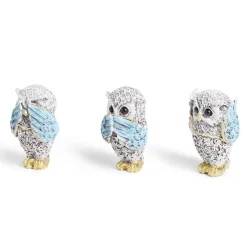 Hibou de la sagesse x3 en polyrésine bleu et doré H7cm