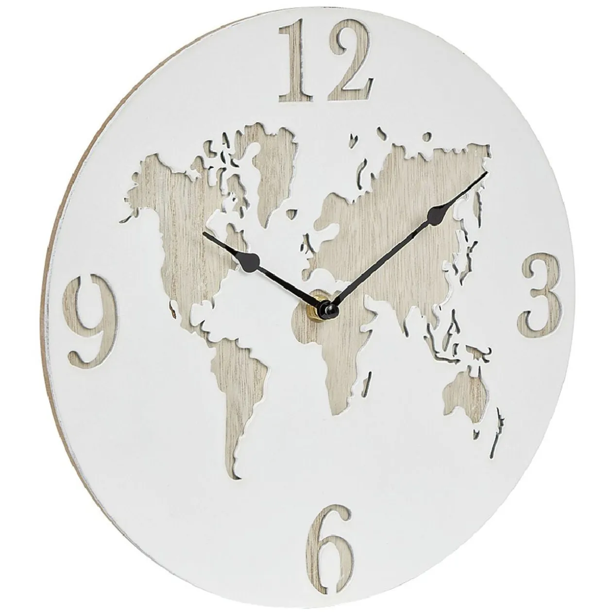 Horloge ronde design planisphère effet bois blanc naturel Ø30 cm