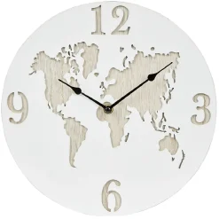 Horloge ronde design planisphère effet bois blanc naturel Ø30 cm