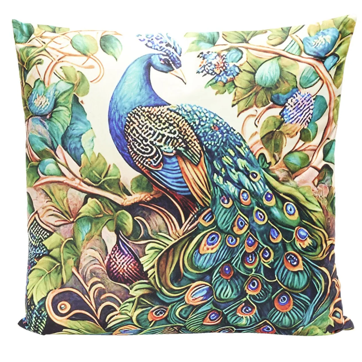 Housse de coussin velours recto à motif paon 45x45cm