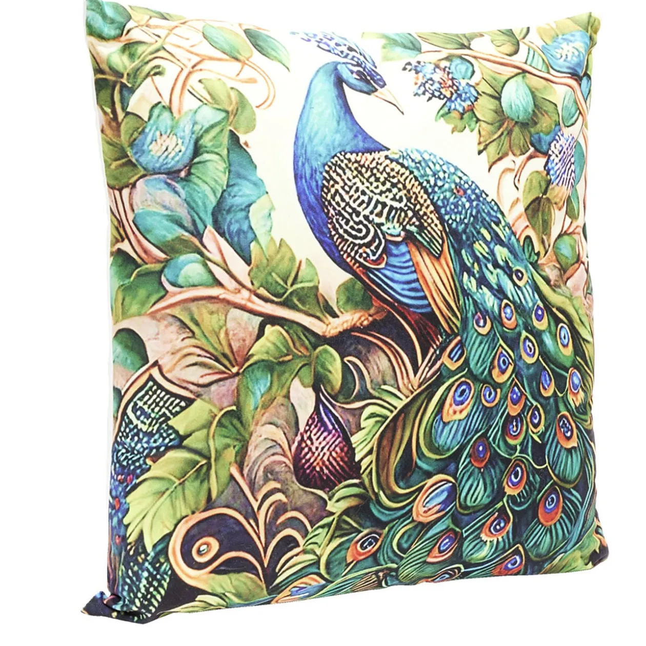 Housse de coussin velours recto à motif paon 45x45cm