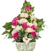 Jardinière céramique chrysanthèmes roses orchidées lierre 58x10xH62cm (3 modèles)