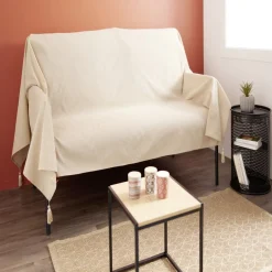 Jeté de canapé à pompons 170x250cm coton recyclé noir ou beige < Gifi Outlet