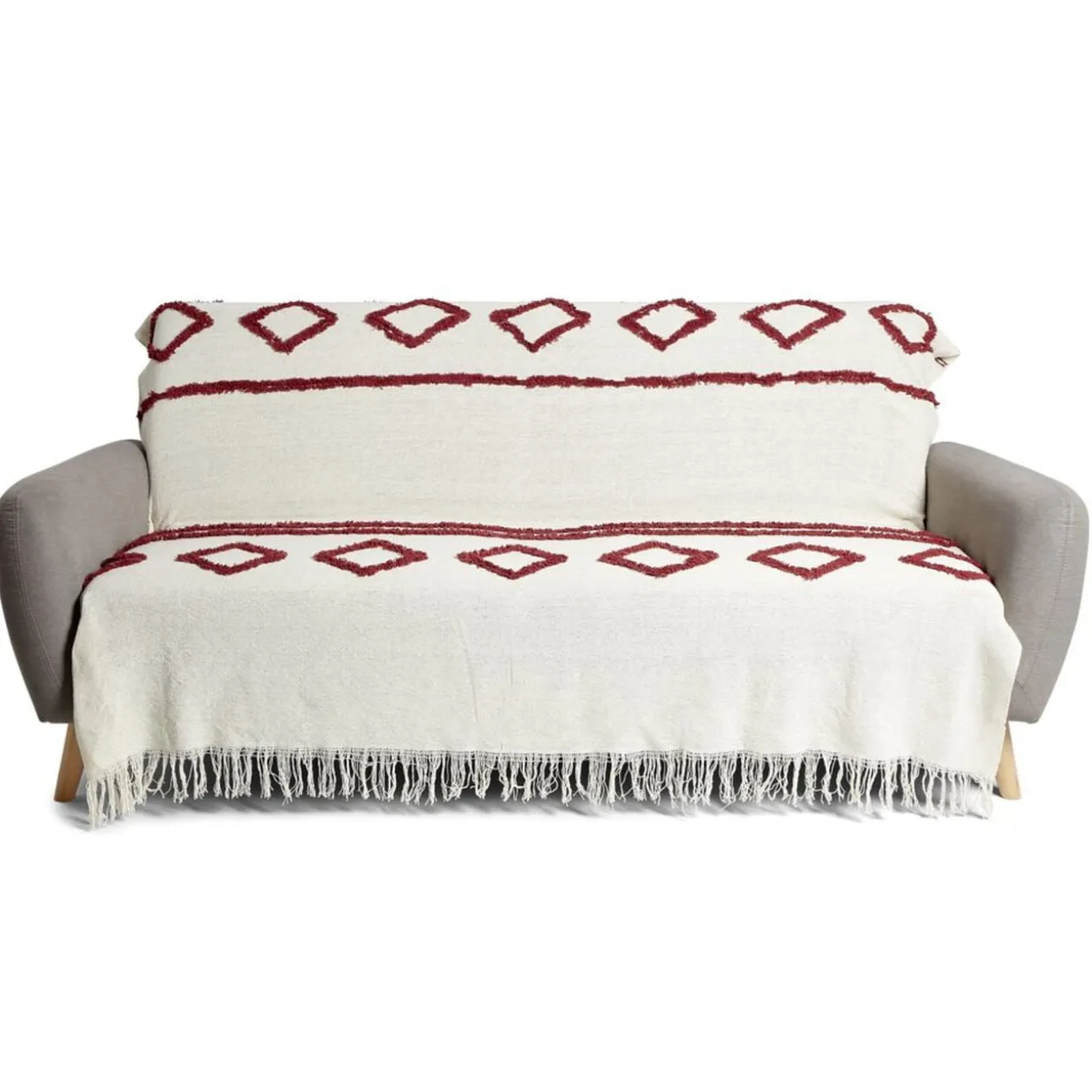Jeté de canapé 170x250cm 100% coton tufté beige et terracotta