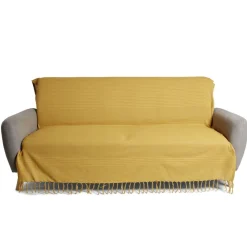Jeté de canapé 170x250cm à franges 100% coton jaune