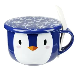Jumbo bol à soupe 620ml avec cuillère motif pingouin bleu et blanc < Gifi New