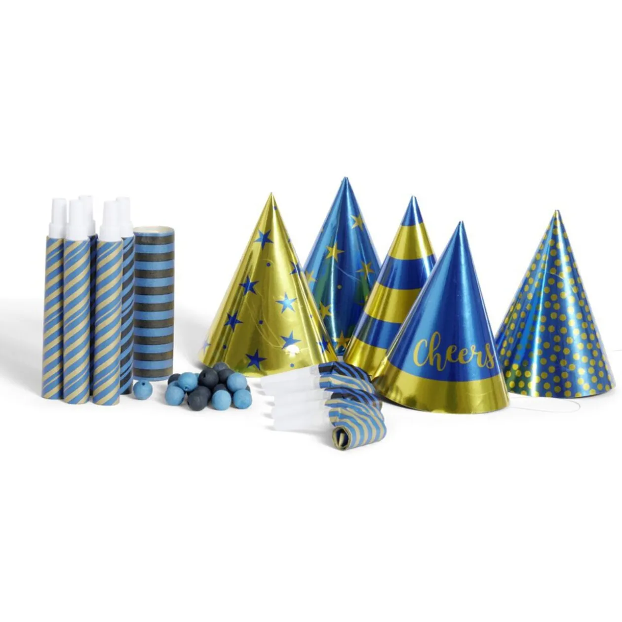 Kit de cotillons festifs bleu et doré 5 personnes 25 pièces