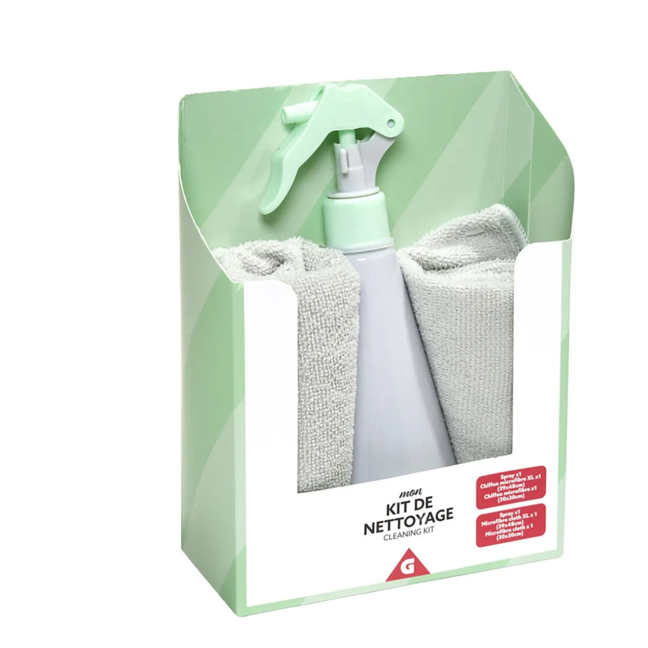 Kit de nettoyage bouteille Ø7xH20cm avec 2 torchons 48x39cm et 30x30cm