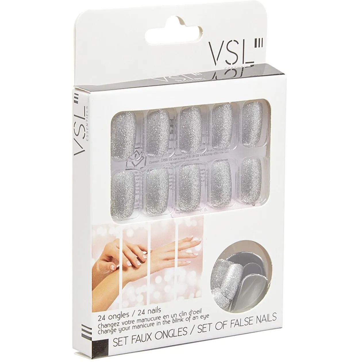 Kit faux ongles pailletés argentés 24 pièces