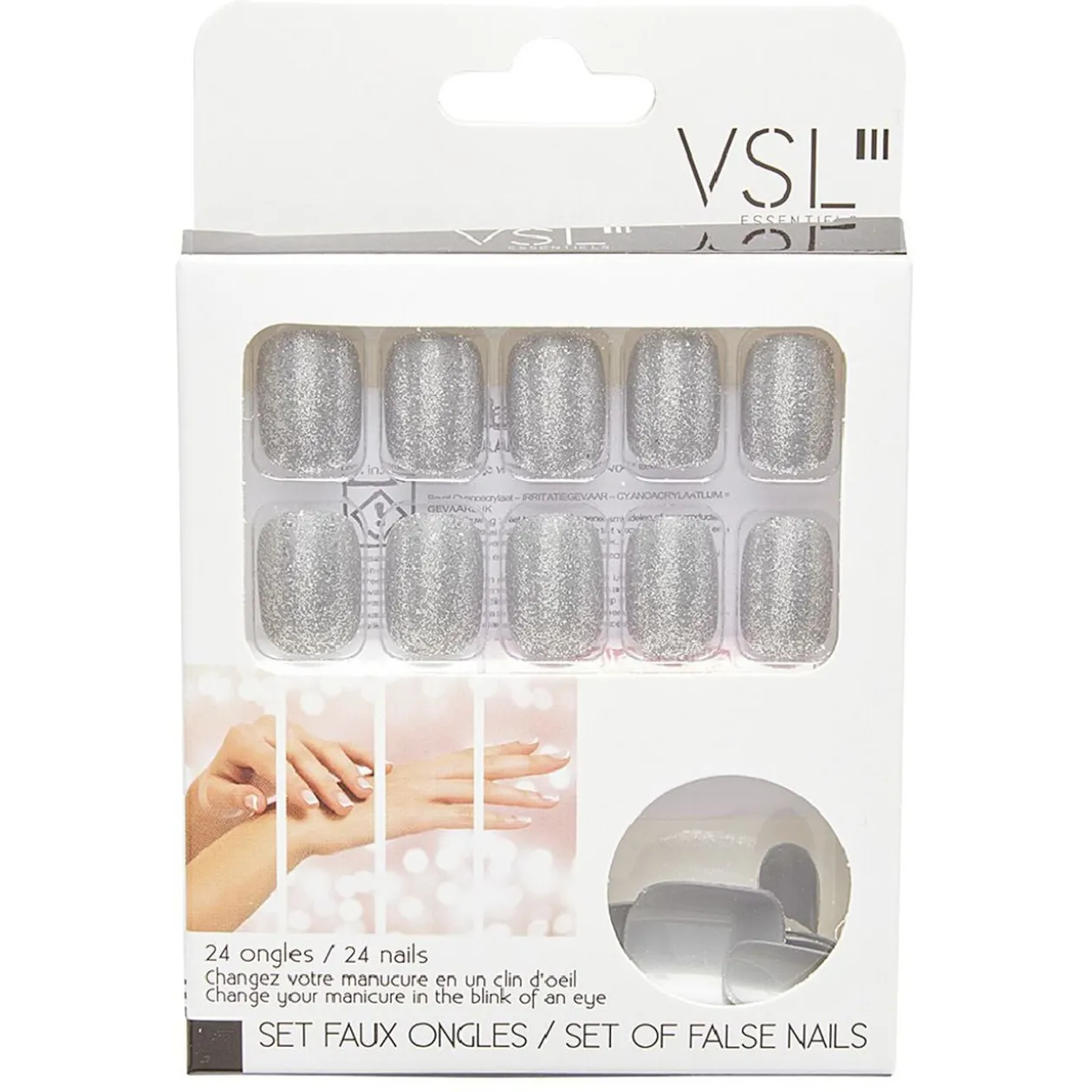 Kit faux ongles pailletés argentés 24 pièces
